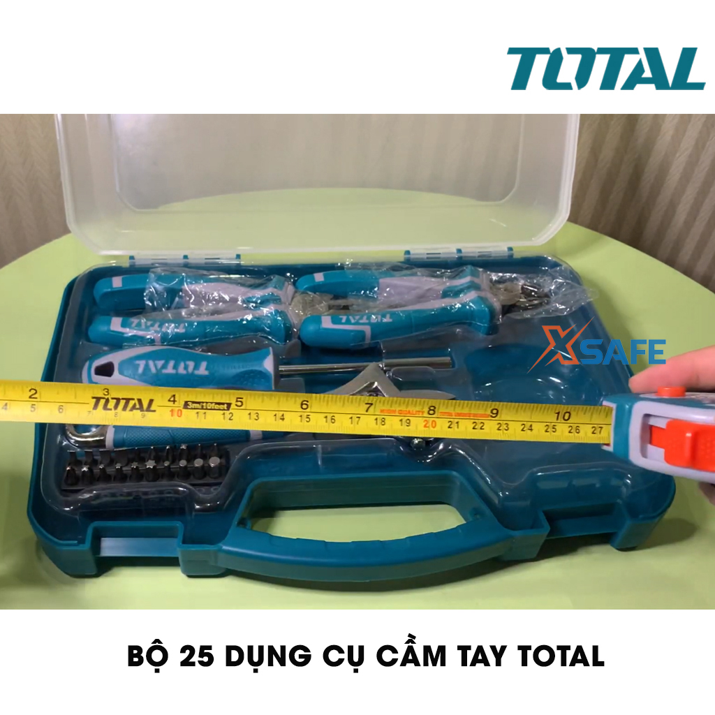Set of 25 tools hand tools total THKTHP90256 suitable for engineering, construction, people dụng.1 piece alkaline combination 7 ", 1 Alkaline cut Cross 6", 1 set adjustable 8 ", 1 tape measure, 1 shank with magnet 100mm. 20 head screw-distribution xsafe