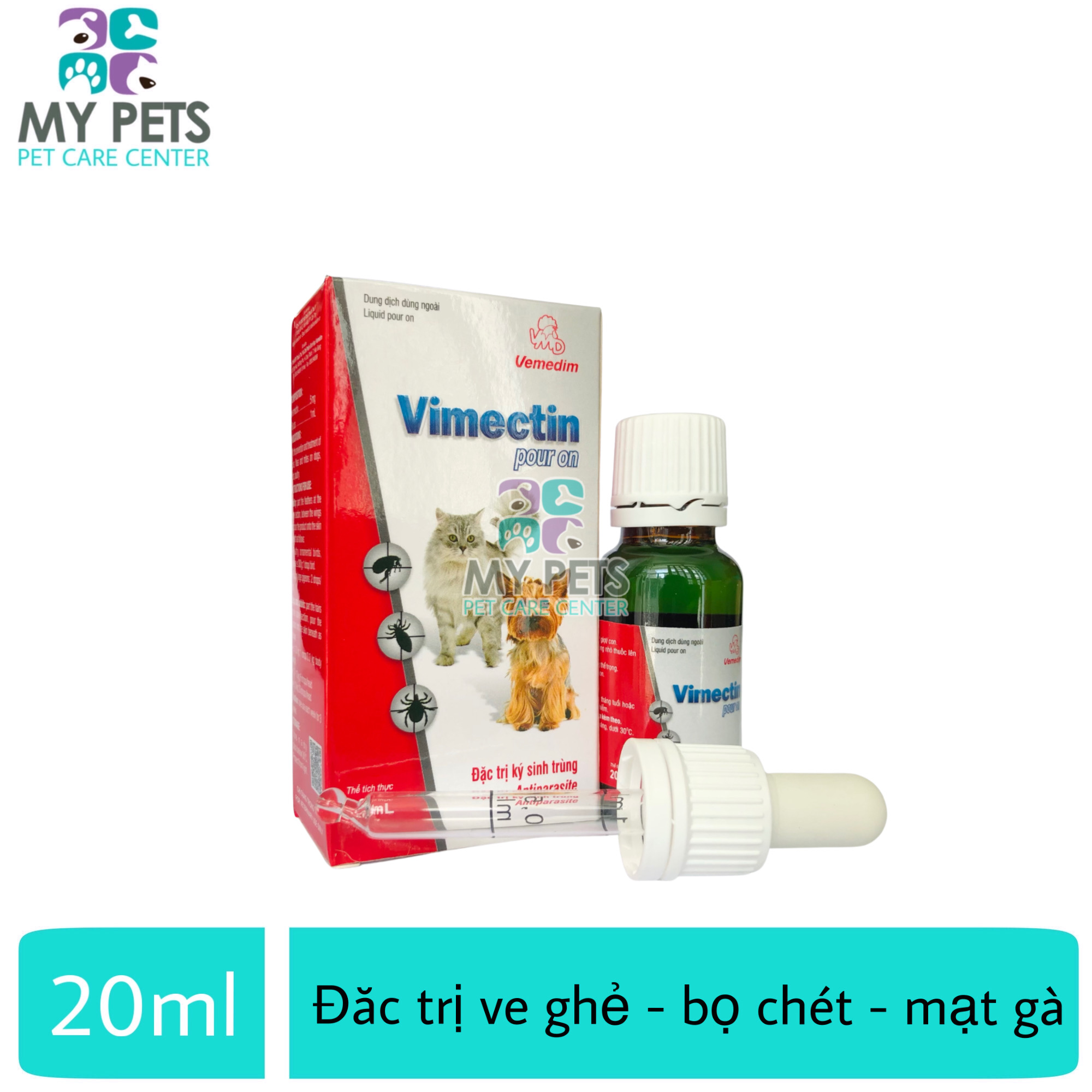 Thuốc nhỏ sống lưng trị ve ghẻ bọ chét mạt trên chó mèo gia cầm - Vemedim Vimectin Pour On lọ 20ml