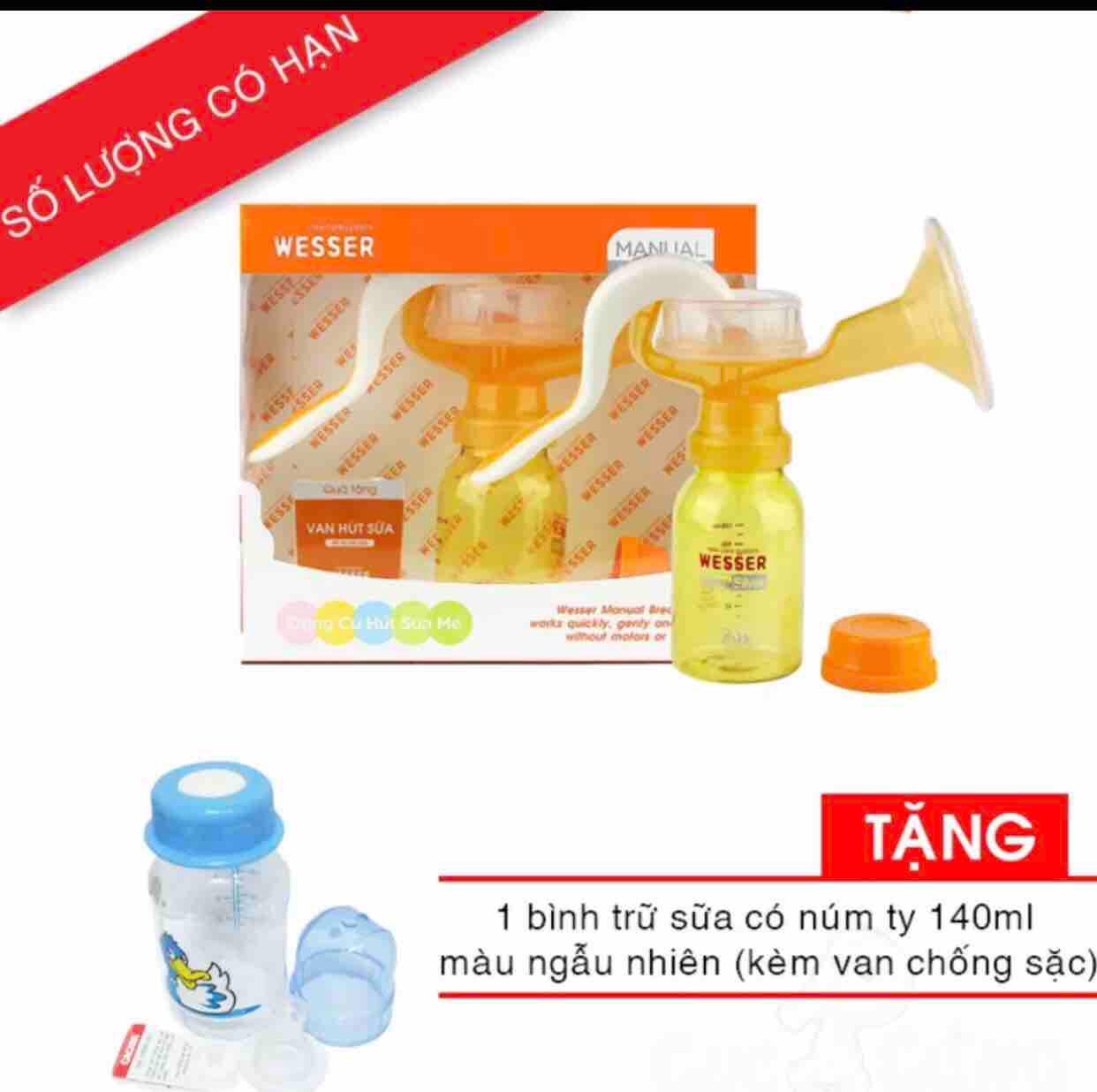 Dụng Cụ Hút Sữa Mẹ Wesser Tặng Kèm Bình 140ml- Giao Màu Ngẫu Nhiên Giảm Cực Hot Dụng Cụ Hút Sữa Mẹ Wesser Tặng Kèm Bình 140ml- Giao Màu Ngẫu Nhiên Giảm Cực Hot