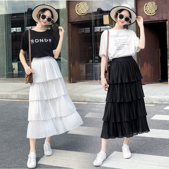 Chân váy 4 tầng dập ly nhỏ midi