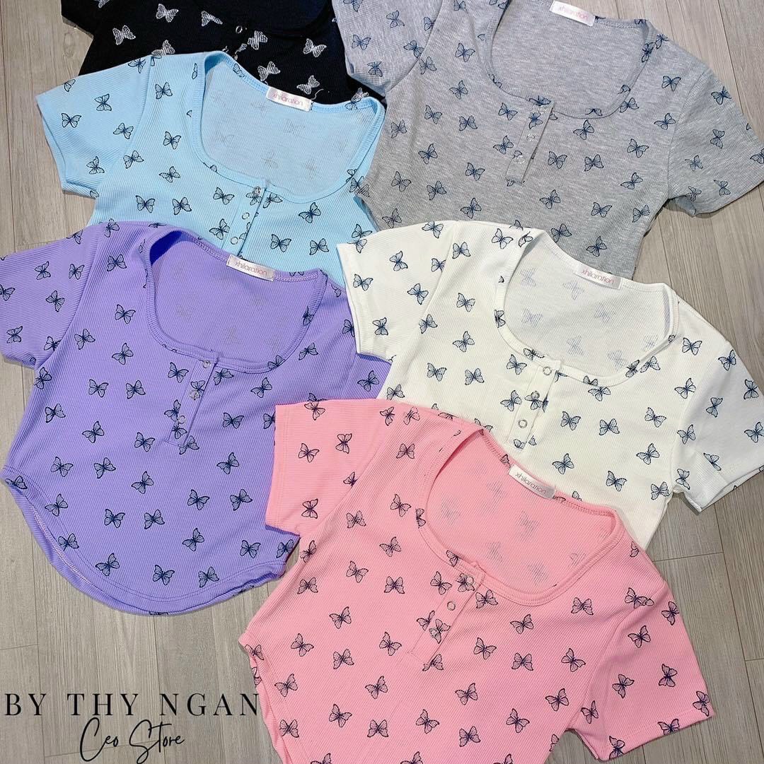 Áo croptop kiểu hoa nhí, bướm nhí, vạt bầu nút bấm siêu xinh ôm body nhiều màu