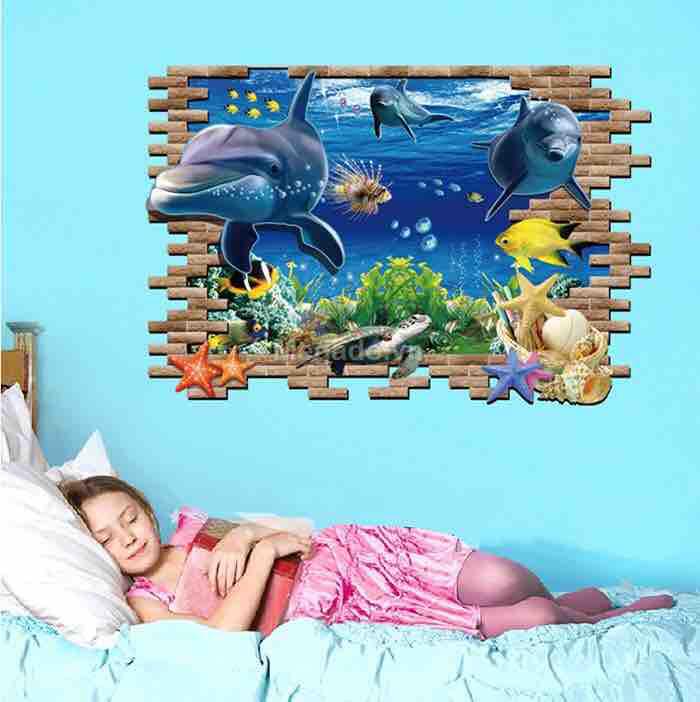 Decal tranh dán tường cá heo 3D