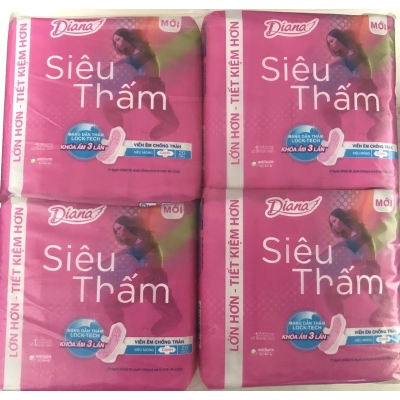 [GÓI 20 MIẾNG] Lốc 4 gói BVS Diana Siêu Thấm Siêu Mỏng Cánh (Gói 20 Miếng)