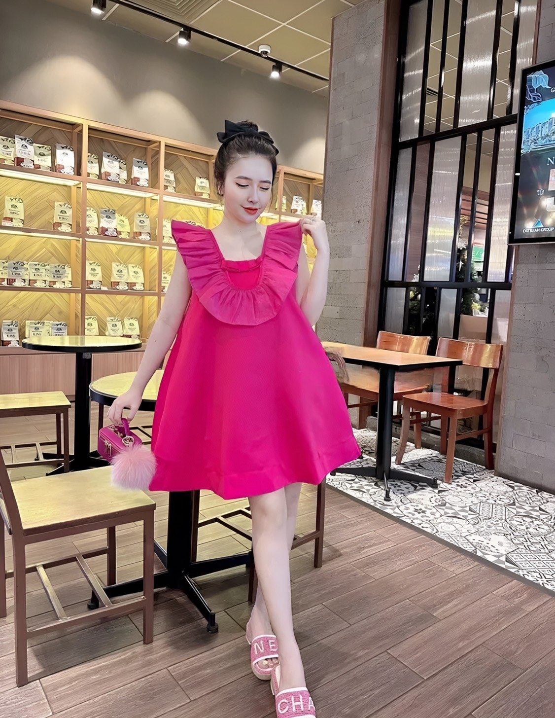 Đầm váy babydoll nơ bèo trắng hồng đen hàn quốc dạo phố xm7128