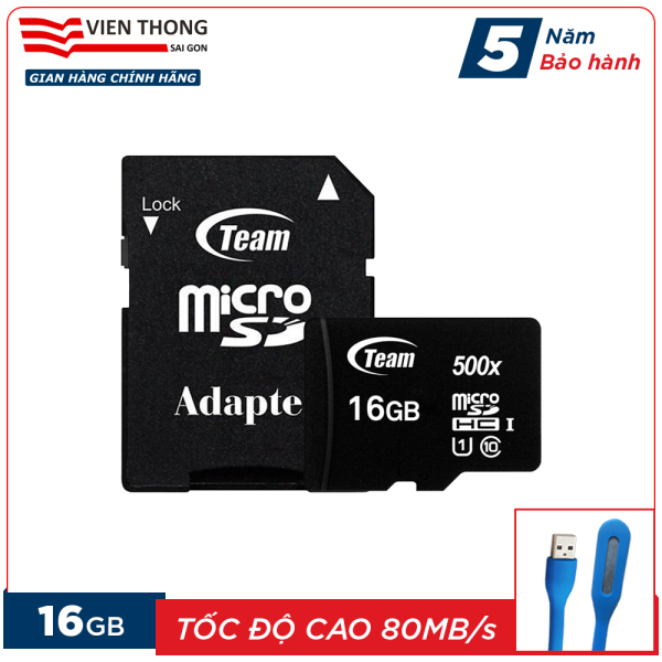 Thẻ nhớ 16GB micro SDHC Team 500x upto 80MB/s class 10 kèm Adapter (Đen) tặng đèn LED cổng USB - Hãng phân phối chính thức