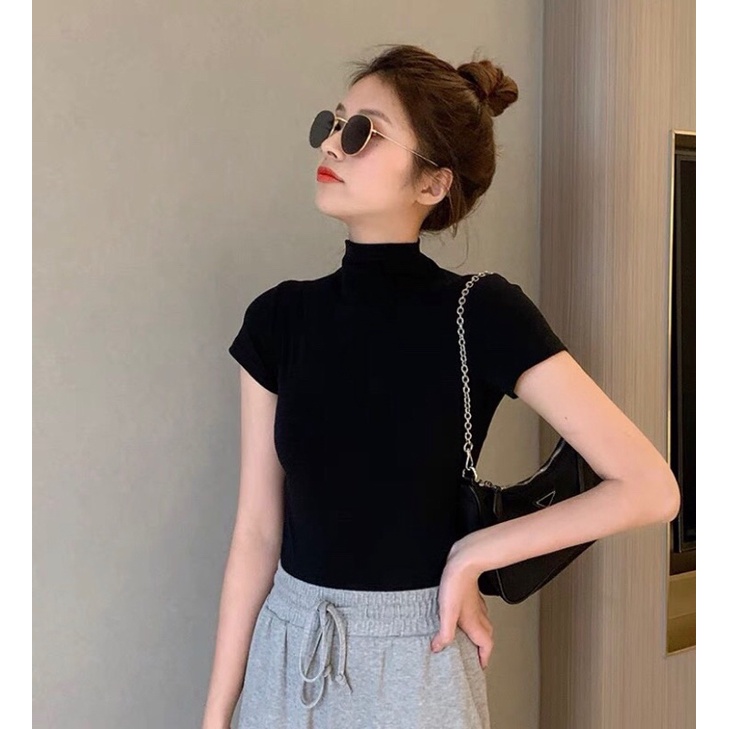 Áo thun kiểu cổ lọ croptop tay ngắn