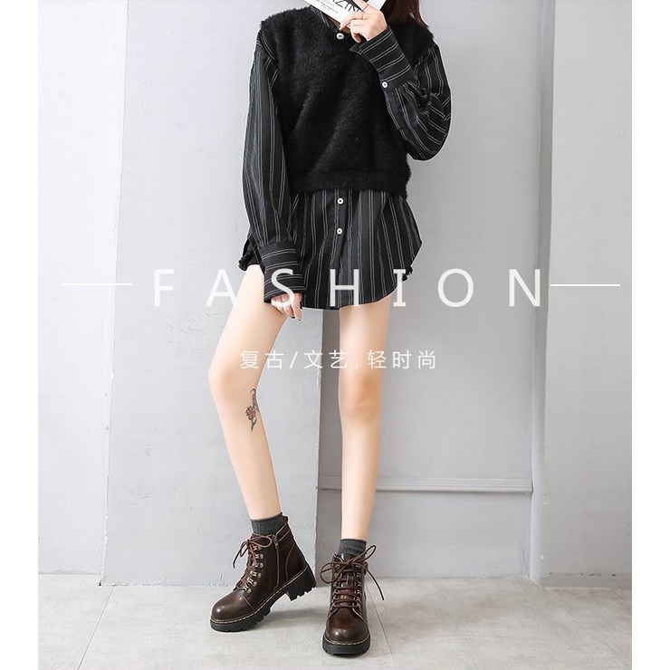 Bốt Nữ Retro Đinh Tán Giày Da Nữ Đế 3CM