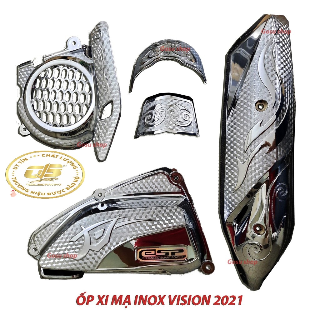 Combo 5 món xe vision 2021-2023 che pô, pô e, quạt, mỏ và đuôi mạ crom xi & vân carbon đen