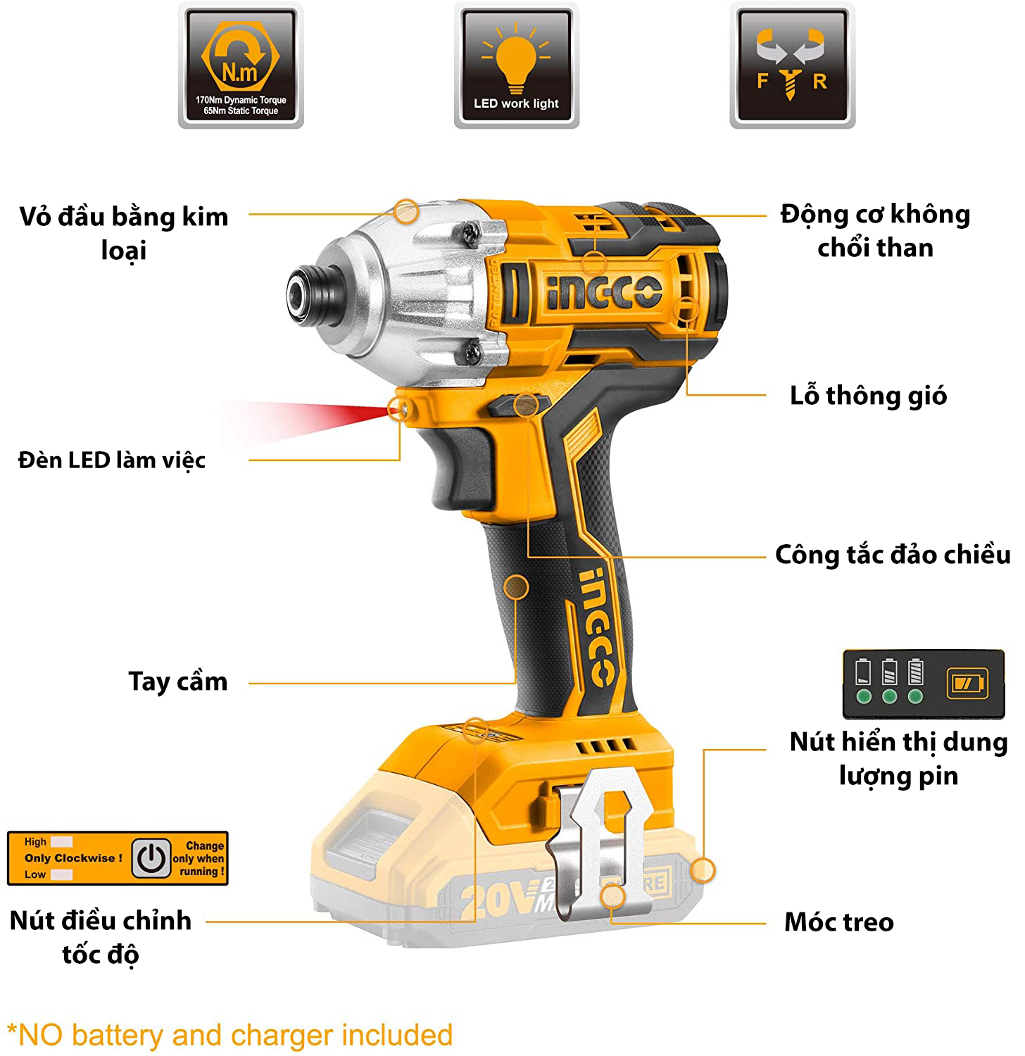 [HCM]MÁY SIẾT VÍT DÙNG PIN 20V INGCO ( motor ko chổi than ) CIRLI2002