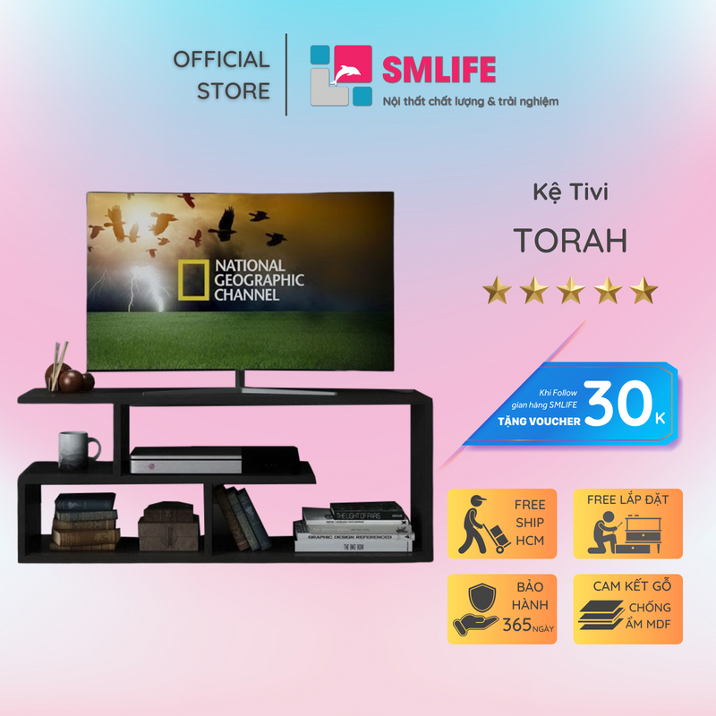 Kệ gỗ tivi phòng khách kết hợp giá sách SMLIFE Torah