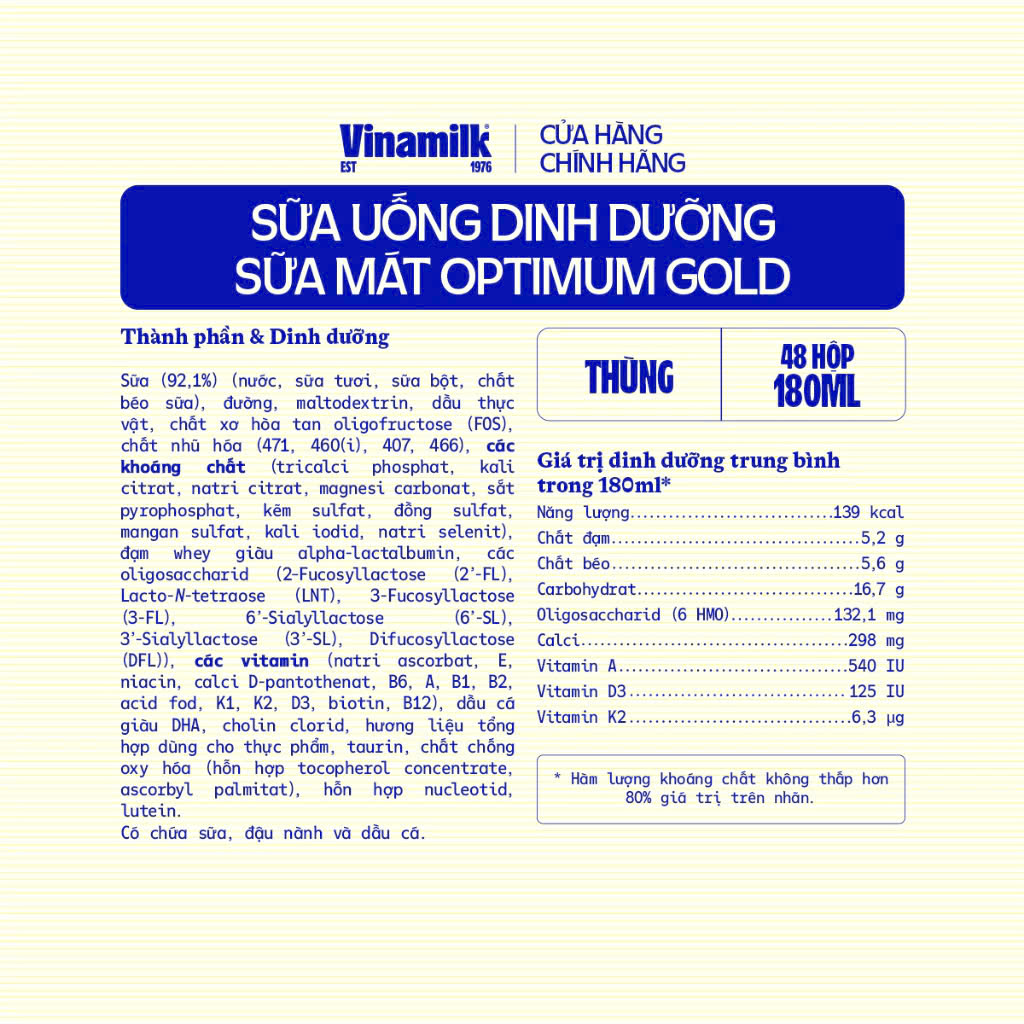 (Expiration Date September 2026) (with Points Card) Box of 24/48 Boxes of Vinamilk Optimum Gold Ready-To-Drink Milk Powder 180ml.