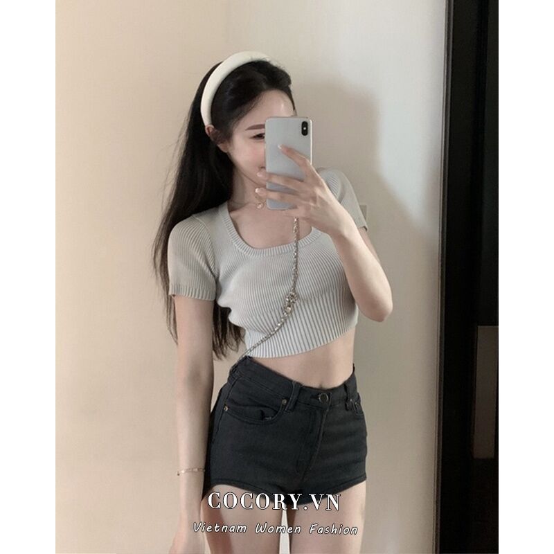 Áo thun nữ cổ vuông style croptop khoe eo