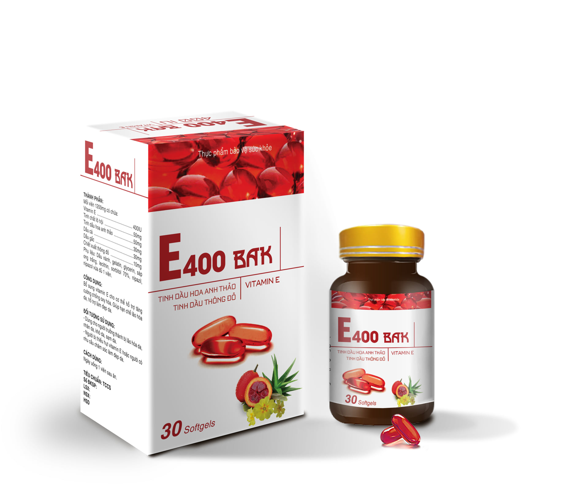 Vitamin e đỏ tinh dầu hoa anh thảo, thông đỏ E400 BAK