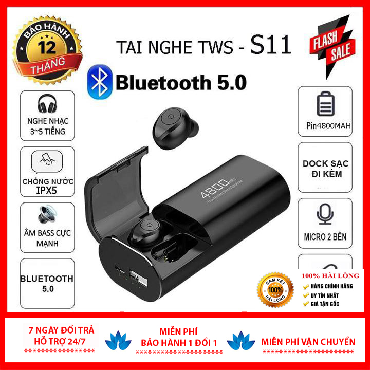 Tai Nghe không dây Bluetooth S11 5.0 TWS - Kiêm Sạc Dự Phòng Cho Điện Thoại Chống Nước IPX5-Bass siêu trầm