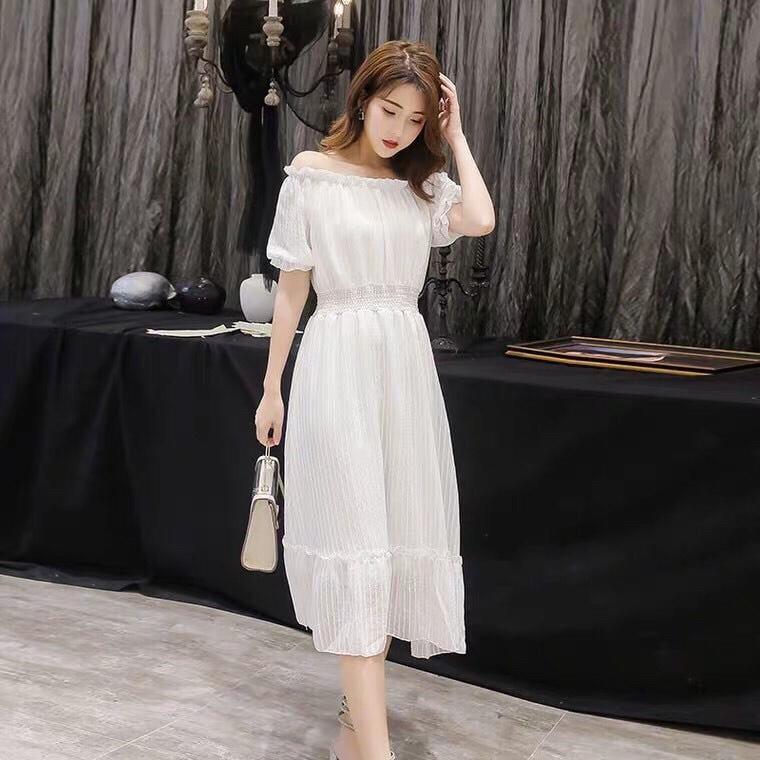 Đầm dự tiệc trễ vai vải cao cấp