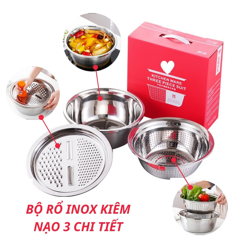 Bộ rổ nạo inox đa năng kèm rổ và chậu rửa dày dặn 3 trong 1 tiện lợi cho nhà bếp, tiết kiệm không gian - Bo ro nao inox da nang