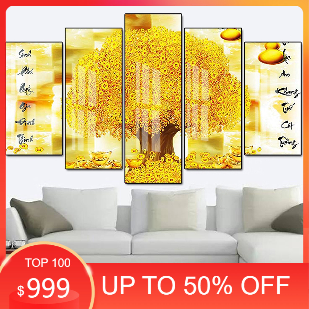 Tranh tráng gương treo tường hiện đại - tranh bộ 5 cây kim tiền tài lộc