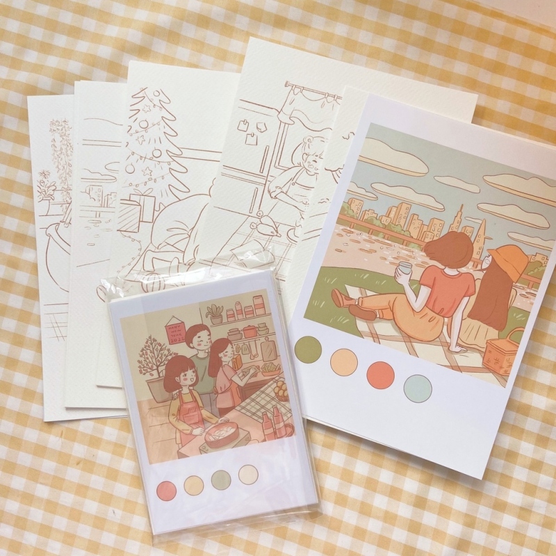 ﹍ [Tranh Họa sĩ] Postcard tô màu Self-Art - Câu chuyện 12 tháng từ Chono.phm có lịch để bàn giấy ColdPress 300gsm