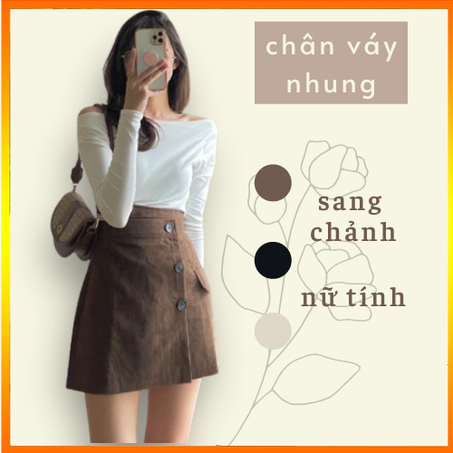 Chân Váy Nhung Cạp Cao 3 Cúc Chất Nhung Tăm Dày Dặn Có Quần Bảo Hộ Bên Trong Dáng Ôm Siêu Hack Dáng