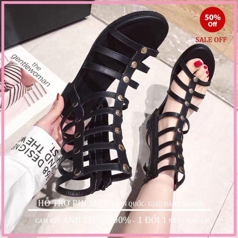 (ẢNH THẬT) Giày sandal chiến binh nạm đinh siêu ngầu cổ cao có dây kéo HÀN QUỐC JOHNK , Dép Chiến Binh Cổ Cao, xăng đan đế bằng, xăng đan nữ giá rẻ