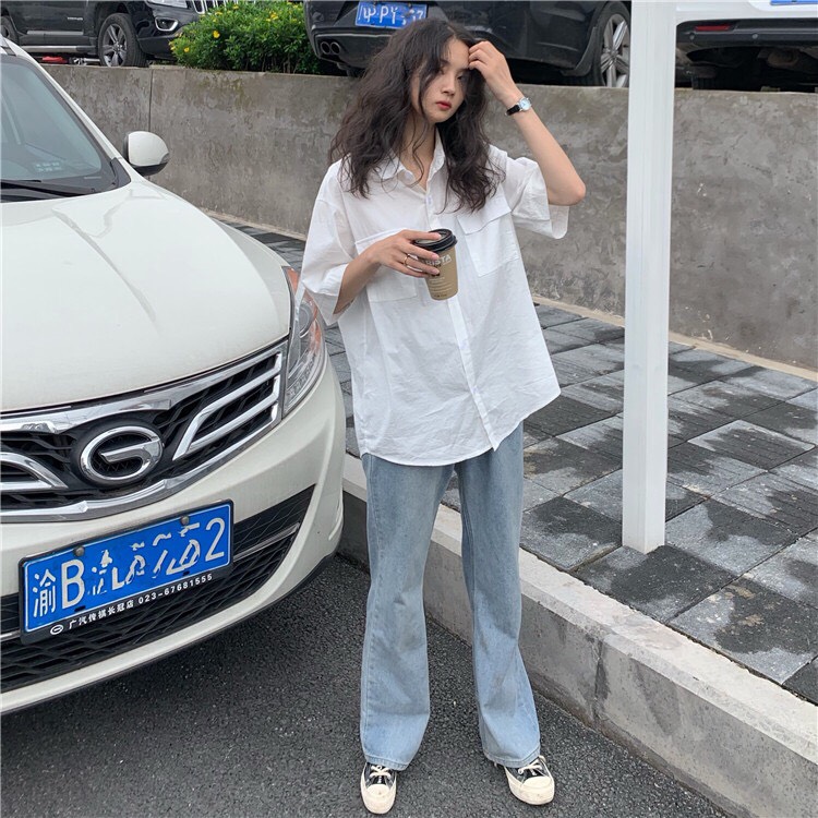 Áo Sơ Mi Trắng 2 Túi Hộp Unisex Basic - Áo Sơ Mi Trắng Nam Nữ Basic có size