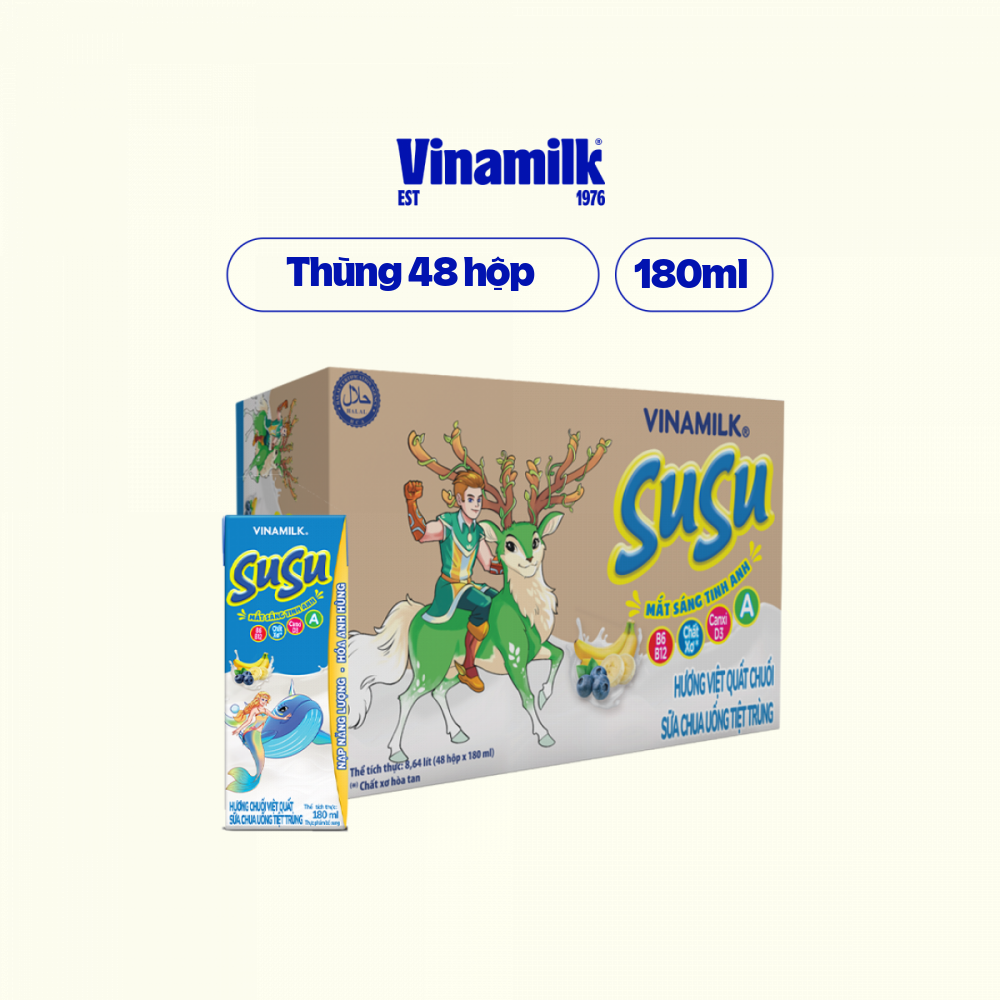 Sữa Chua Uống Tiệt Trùng Vinamilk SuSu hương Việt Quất Chuối - Thùng 48 hộp 180ml