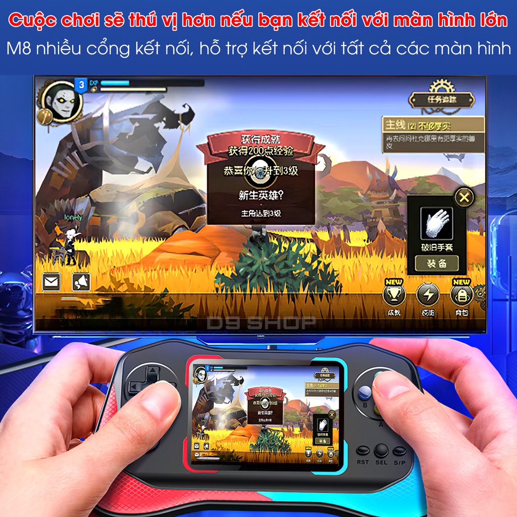 Máy chơi game cầm tay M8 plus 1000 game tặng kèm dây kết nối Tivi, Màn hình sắc nét HD, Pin 1200mAh, Bảo hành 12 tháng
