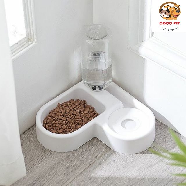 Bát ăn kèm bình nước tự động cho chó mèo - bát ăn đôi góc tường cho chó mèo