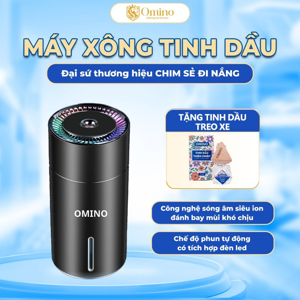 [TẶNG TINH DẦU] Máy xông tán tinh dầu Omino 2 chế độ phun sương khử mùi ô tô, khuếch tán tinh dầu để o to, bàn làm việc