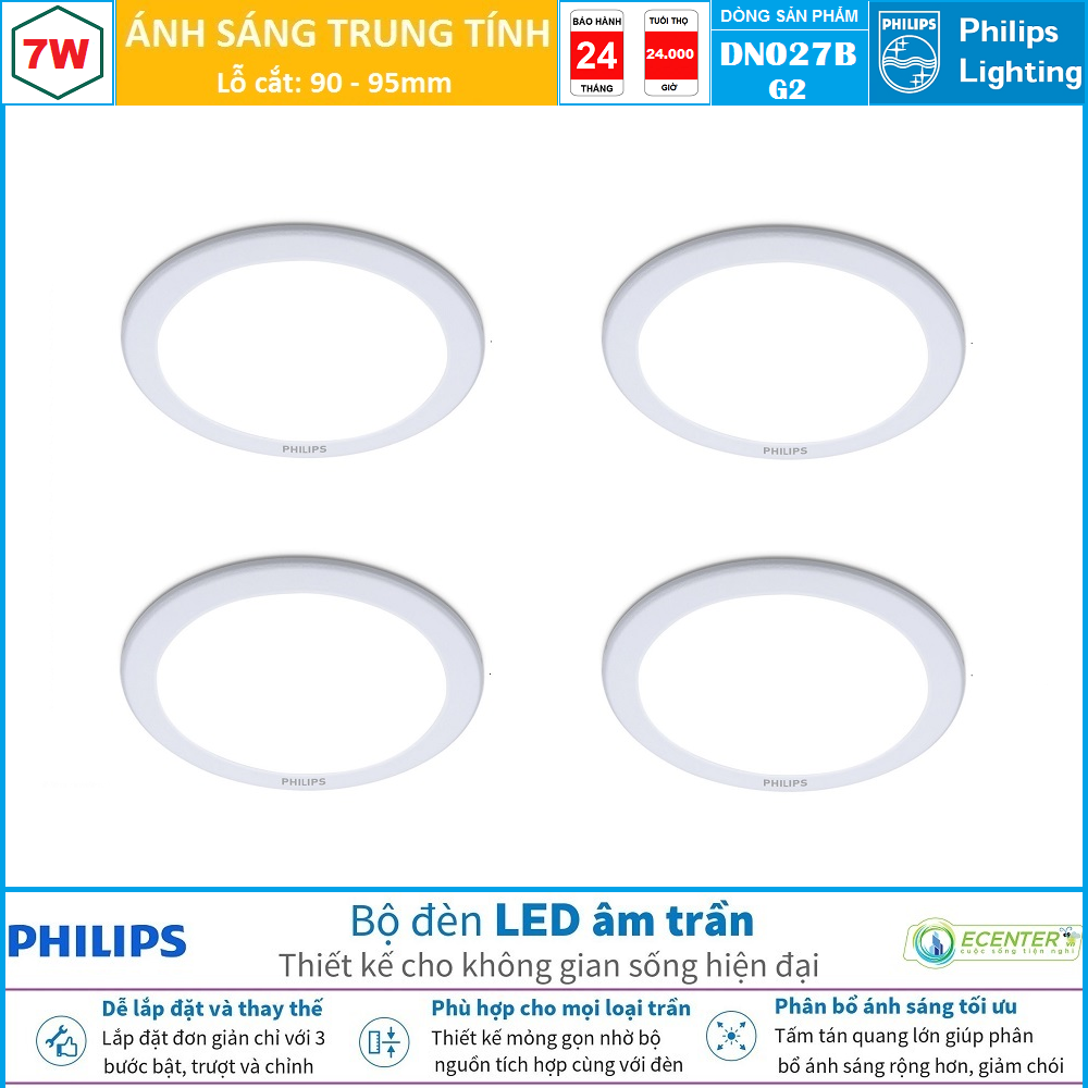 ( Bộ 4 ) Đèn Led Âm trần 7W - 10W - 14W - 17W - 22W Philips DN027B GEN2 ( Ánh Sáng Trắng & Trung Tính & Vàng )