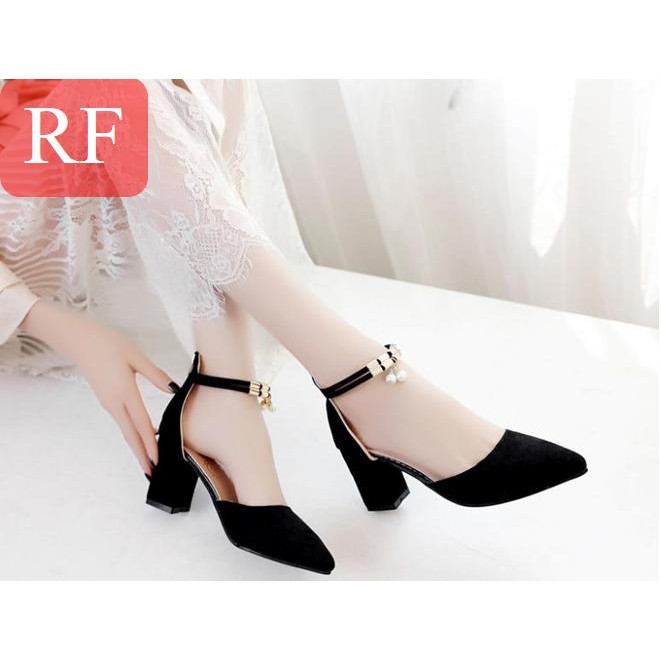 [HCM]Giày cao gót vuông RF 7 phân bít mũi đen cổ hạt châu CG-0330