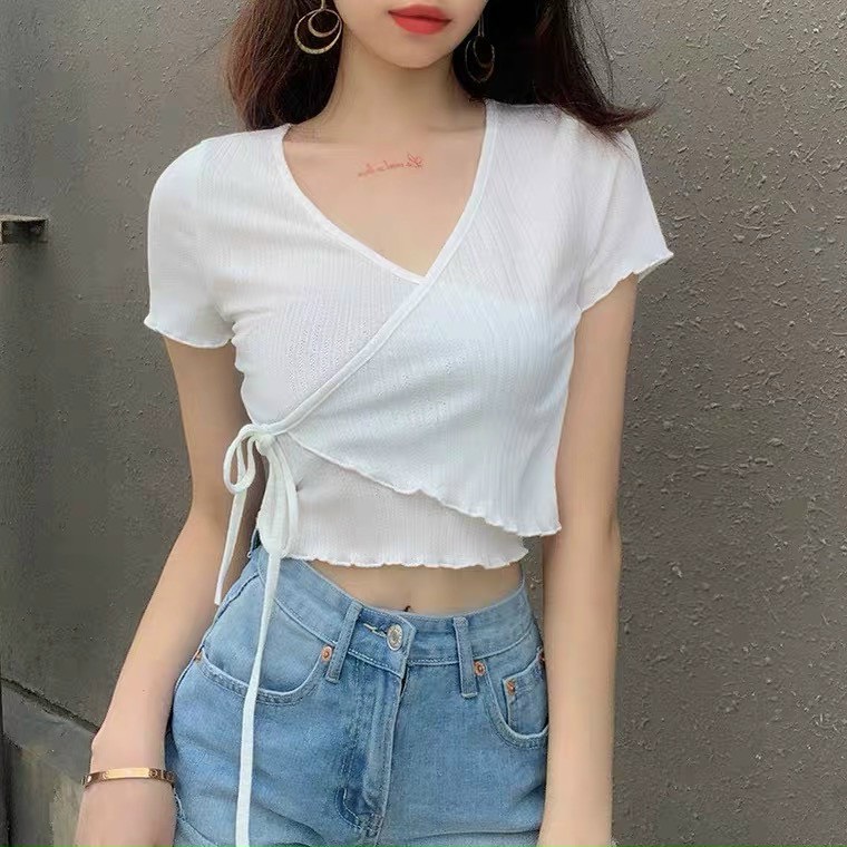 Áo croptop thun gân đắp chéo cột eo A5045