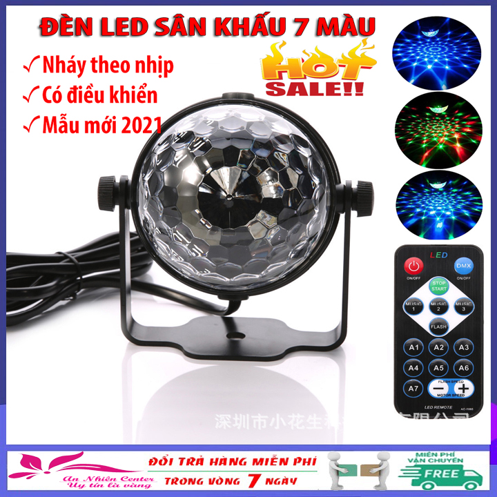 Đèn led nháy theo nhạc, đèn led 7 màu tự xoay có điều khiển, đèn led vũ trường, led karaoke, đèn xoay 360 độ, đèn trang trí phòng khách, quán bar chớp theo nhạc..