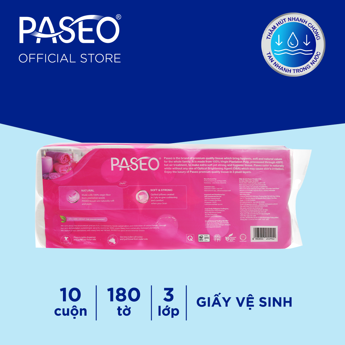 Giấy vệ sinh cao cấp Paseo dai, mềm mịn (10 cuộn 3 lớp)/lốc