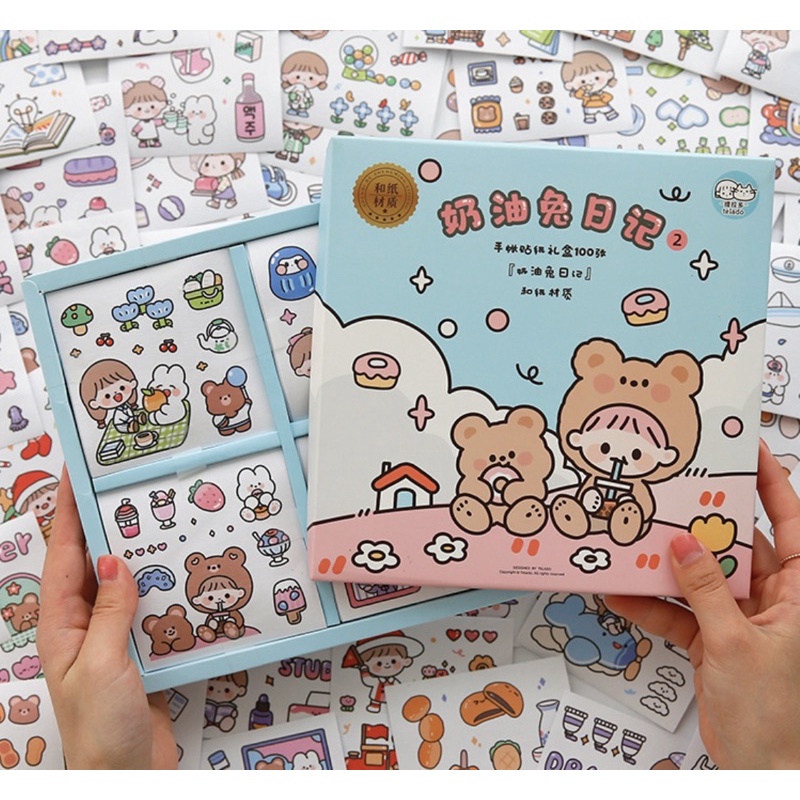 Hộp 100 miếng sticker cute 2d dán bình nước, laptop, điện thoại ti do