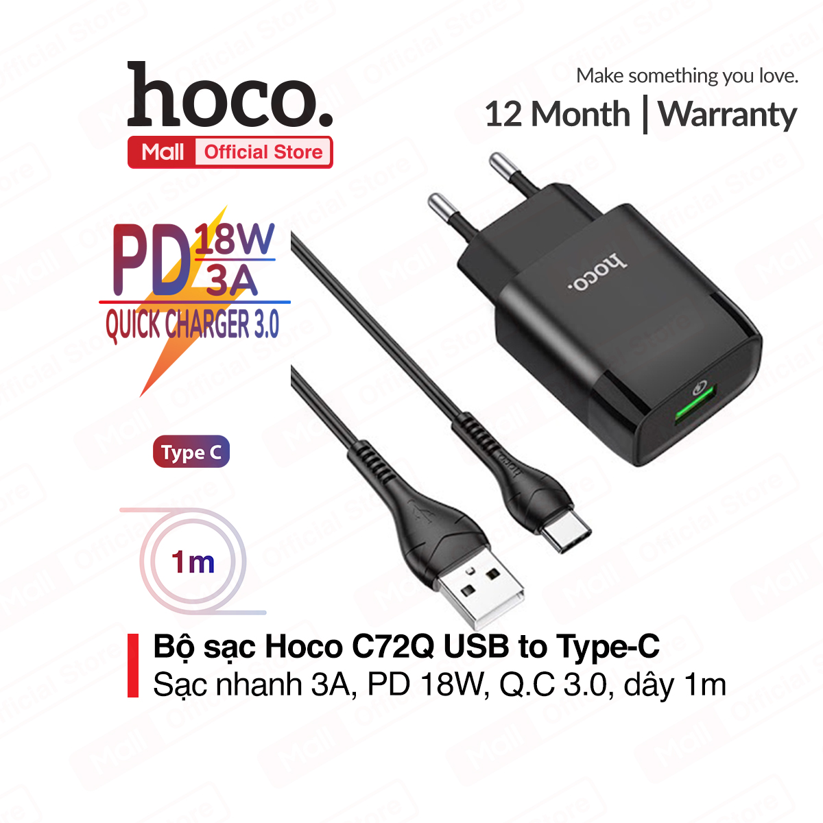 Bộ sạc nhanh Hoco C72Q ( kèm cáp Type-C ) sạc nhanh 3A hỗ trợ PD 18W tương thích nhiều dòng Samsung/Huawei/Xiaomi... ( EU )