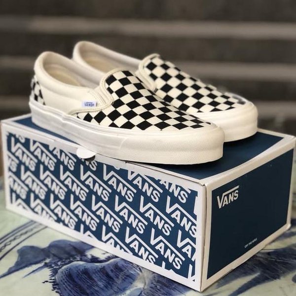 Giày thể thao Vans lười slip on caro checkerboard vault đen trắng nam nữ không dây( Full box)