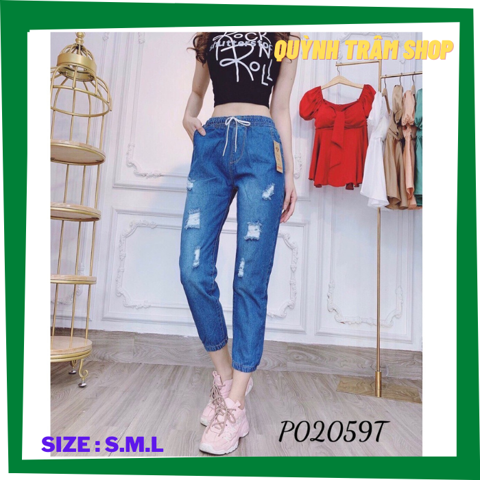 Quần jean baggy nữ dáng lỡ mẫu rách lưng chun bo lai