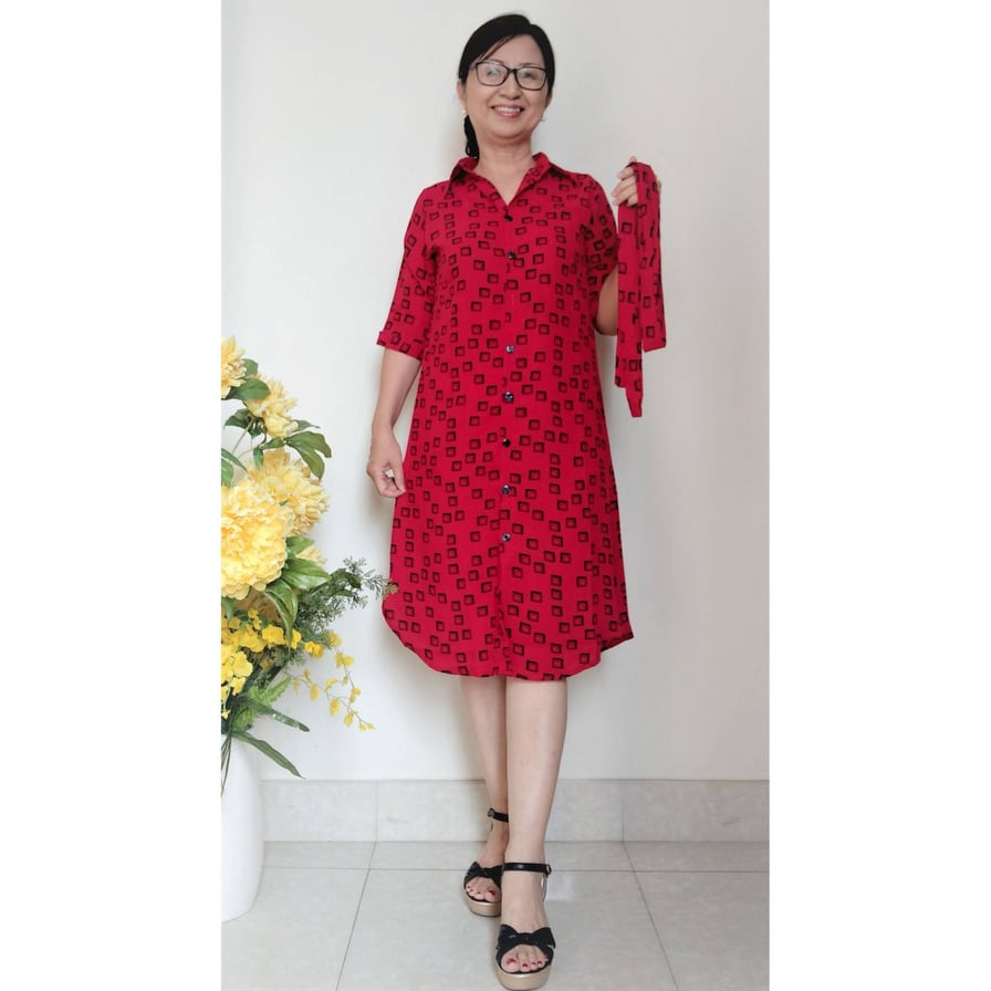Đầm Trung Niên - Kiểu Sơ Mi  - Vải Lụa Đũi - Size 48KG - 75KG