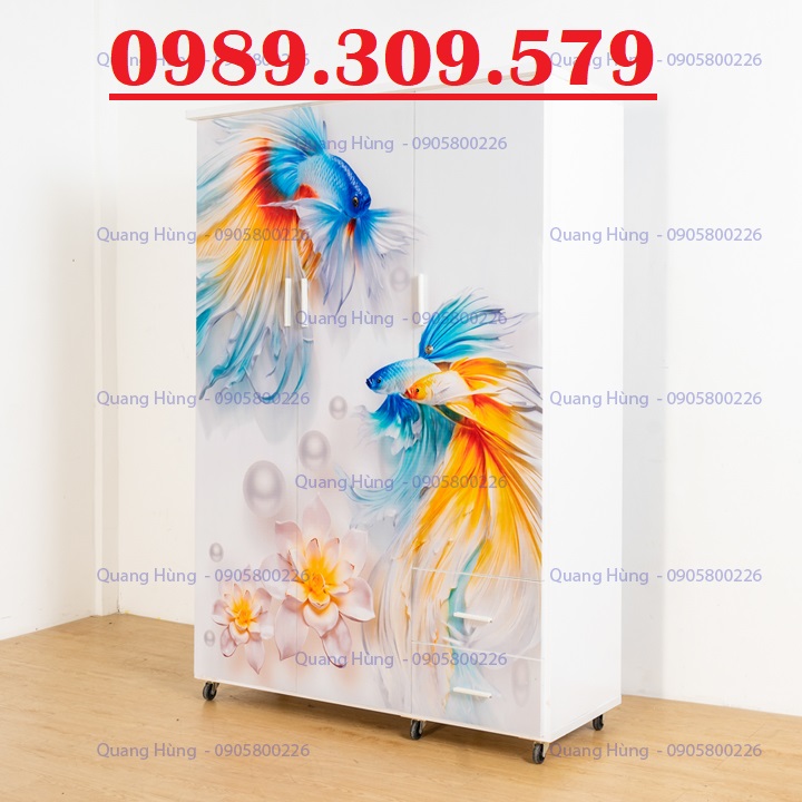 Tủ nhựa đài loan - bỏ nhiều áo quần gia đình - ngang 1m2 cao 1m8 sâu 45cm - in 3d hoa - in 3d cá chép