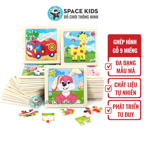 Đồ chơi xếp hình cho bé, Tranh ghép gỗ 9 mảnh size nhỏ 11x11cm cho bé tư duy, phát triển trí tuệ Space Kids