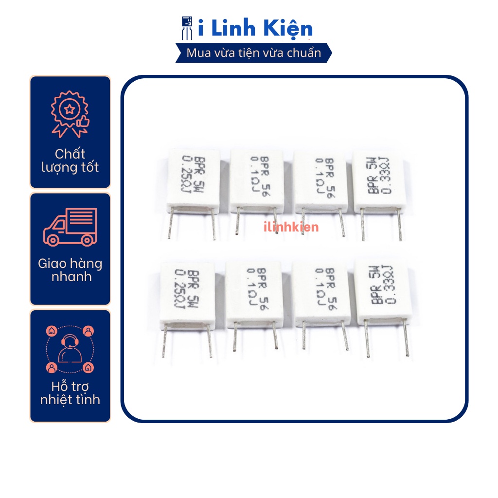 Điện trở sứ 5w 0.1r/0.15r/0.2r/0.22r/0.25r/0.33r/0.47r/0.5r 5% koa bpr56 chân đứng