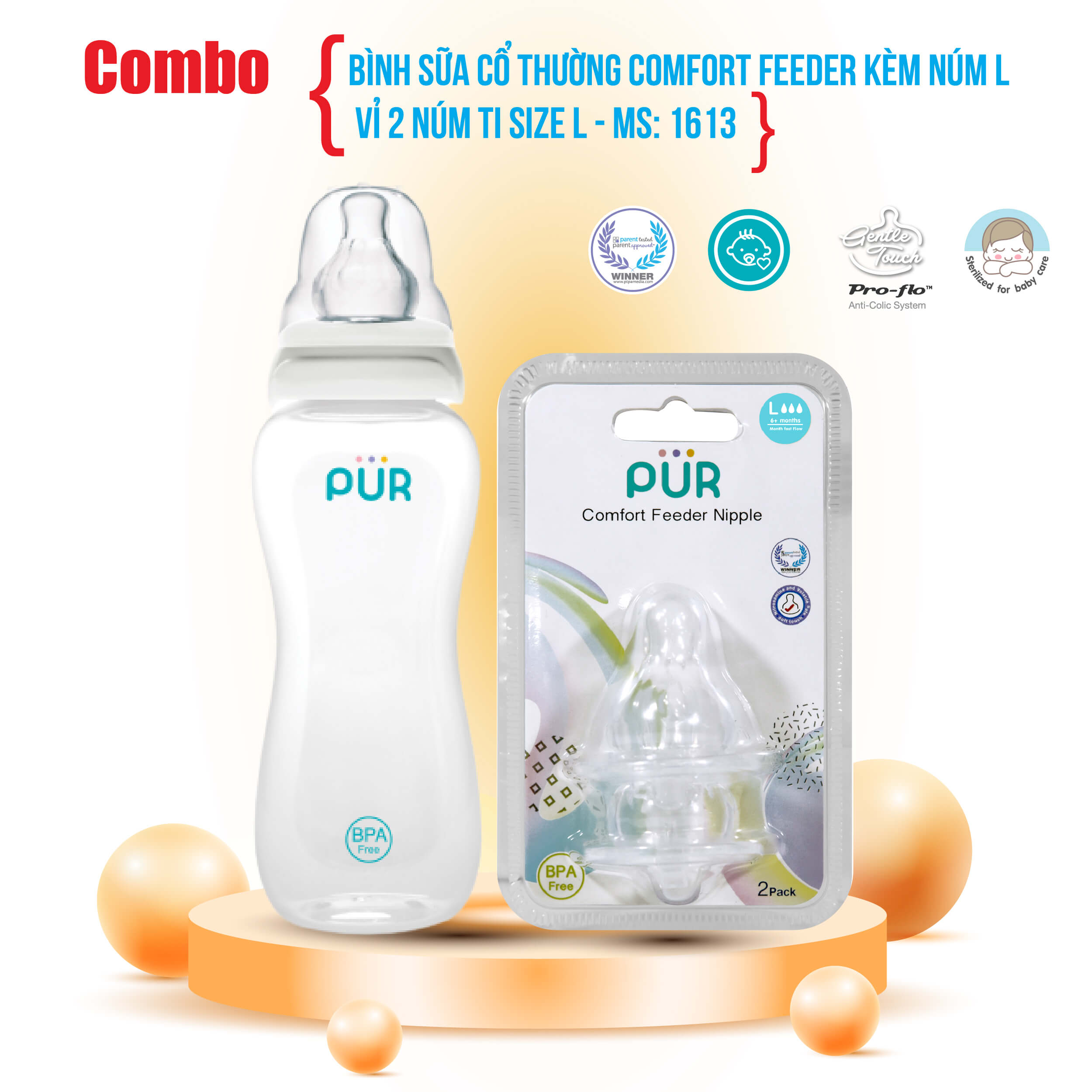 Combo bình sữa cổ thường Comfort Feeder 250ml + vỉ 2 núm size L