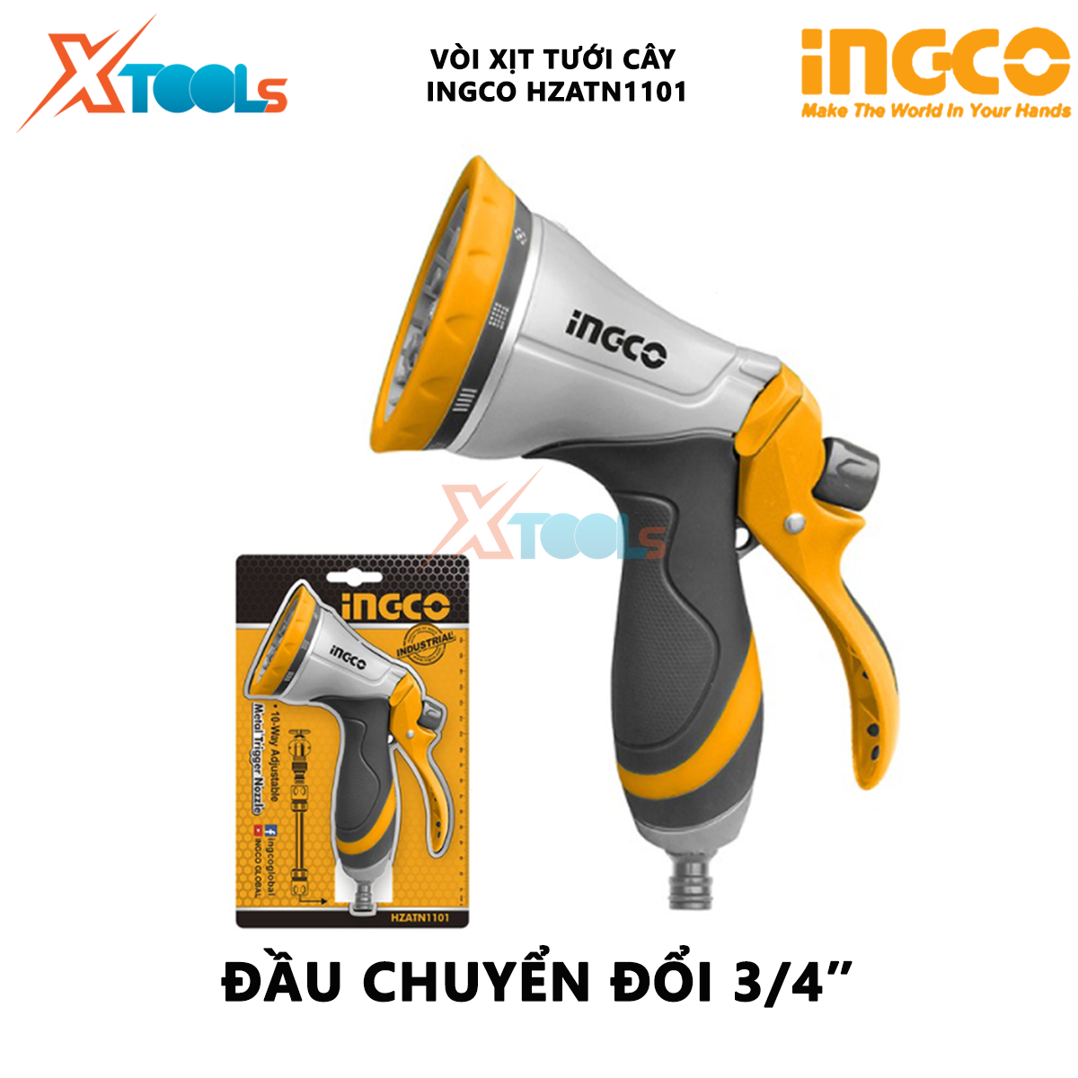 Vòi xịt tưới cây INGCO HZATN1101 | vòi xịt đa năng Đầu chuyển đổi 3/4", 10 chế độ phun, Kích thước 14x7x18,3cm, tay cầm mềm mại tưới vườn, rửa xe, tưới cây [XTOOLs][XSAFE]