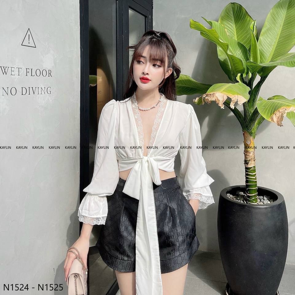 Áo kiểu tay dài viền ren cột nơ eo sexy , chất voan lụa mềm mát