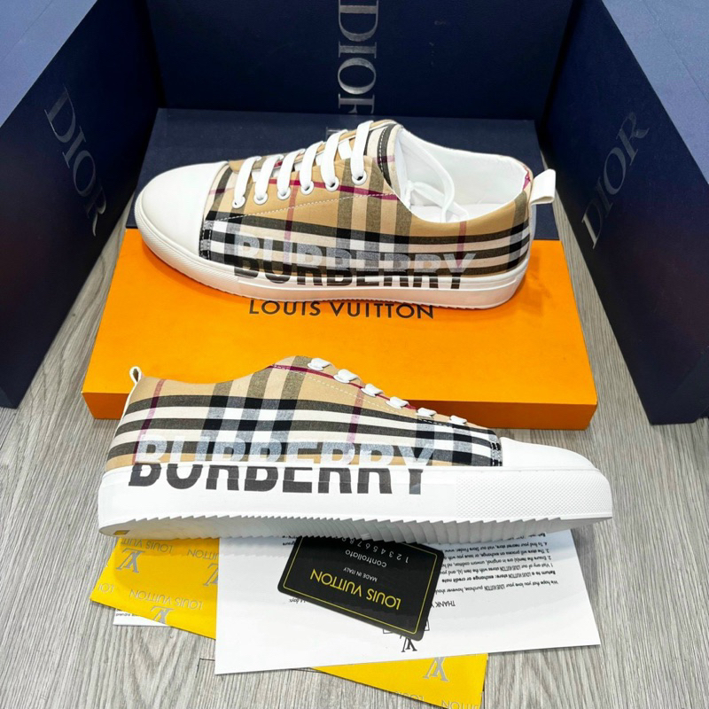 Giày thể thao sneaker nam nữ BBR vải kẻ sọc be đen dập chữ phối mũi da trắng đế cao su răng cưa GS47P