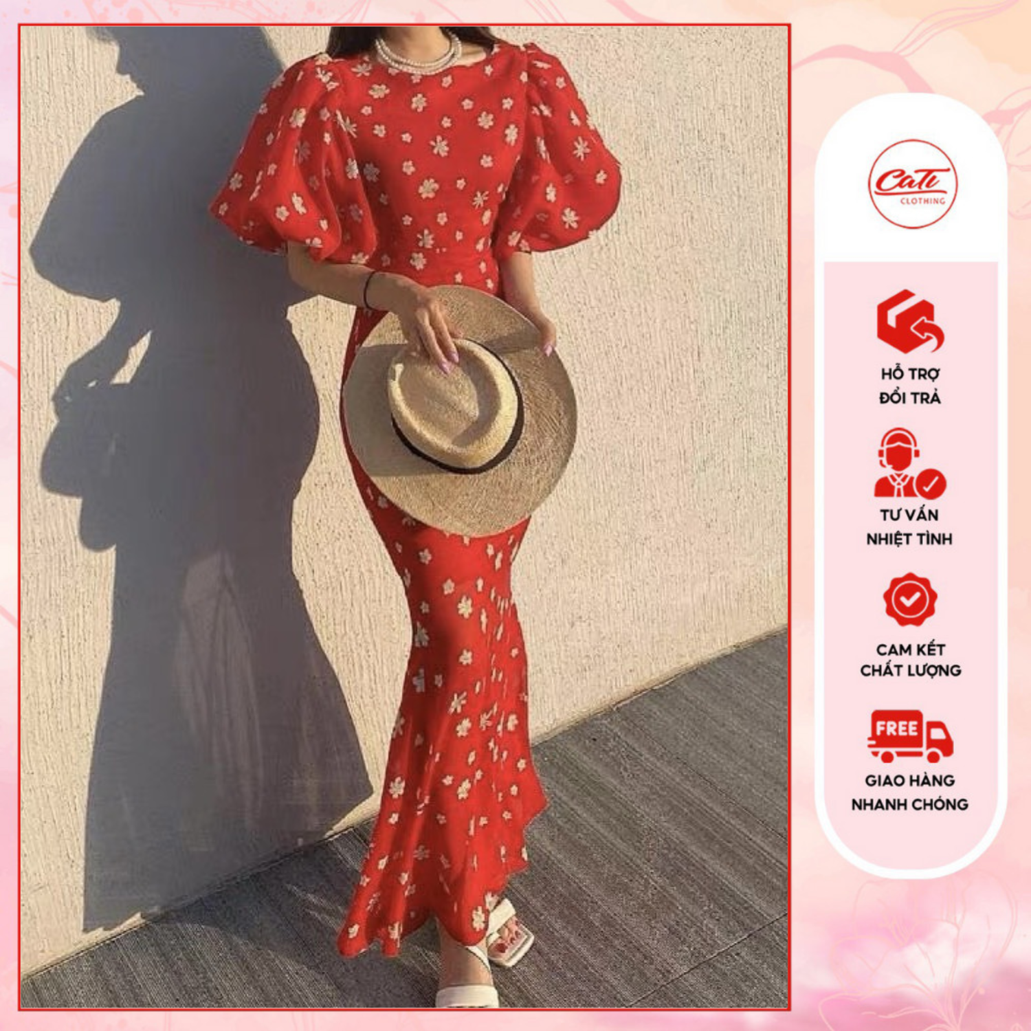 CATI Đầm lụa hoa nhí tay bồng đuôi cá (2090)