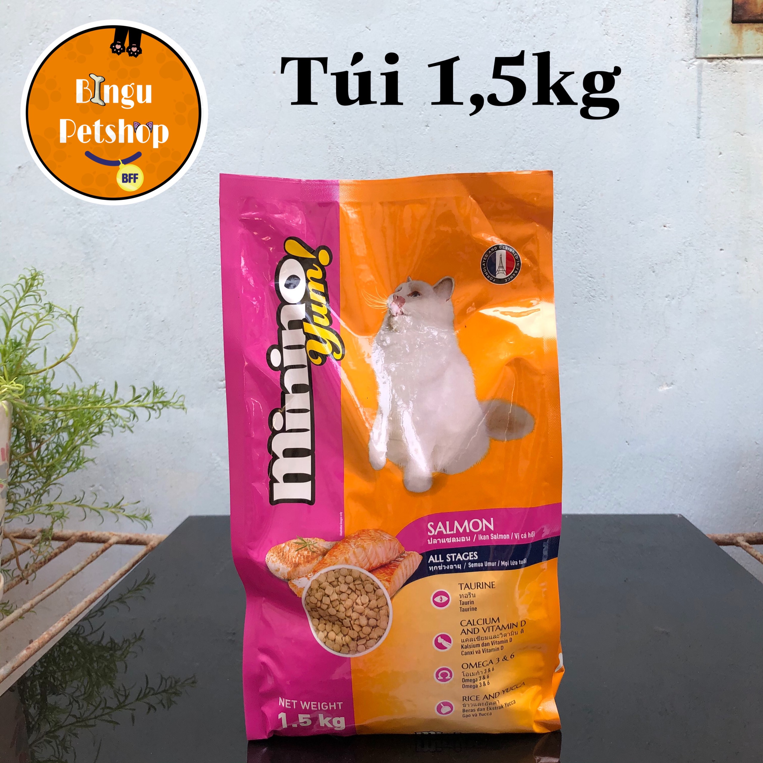 Thức ăn cho mèo mọi lứa tuổi minino yum của pháp vị cá hồi 1,5kg
