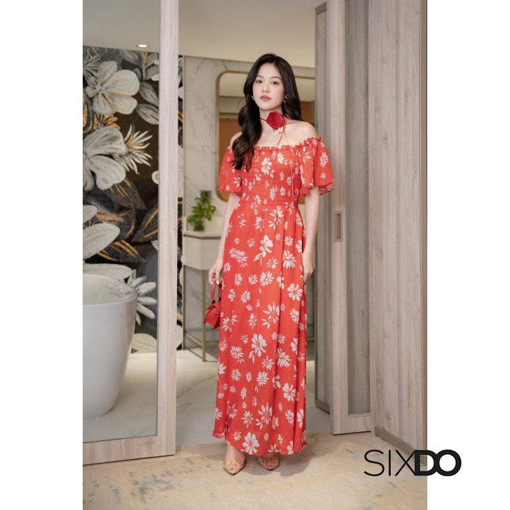 Đầm hoa maxi trễ vai bo chun SIXDO (Floral Maxi Dress)