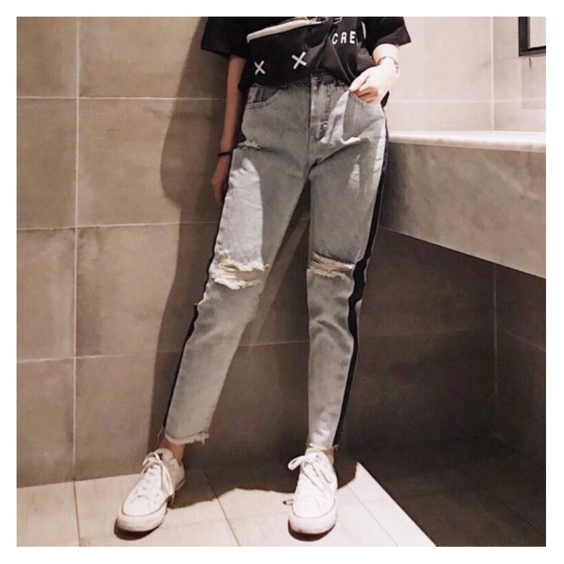 Quần jean nữ baggy viền hông rách gối -apl1